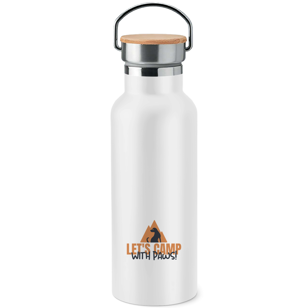 Edelstahl-Trinkflasche mit Bambusdeckel– Let’s Camp with Paws | Isoliert & stylisch