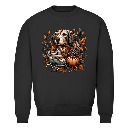 Sweatshirt mit herbstlichem Motiv mit Hund und Camper.