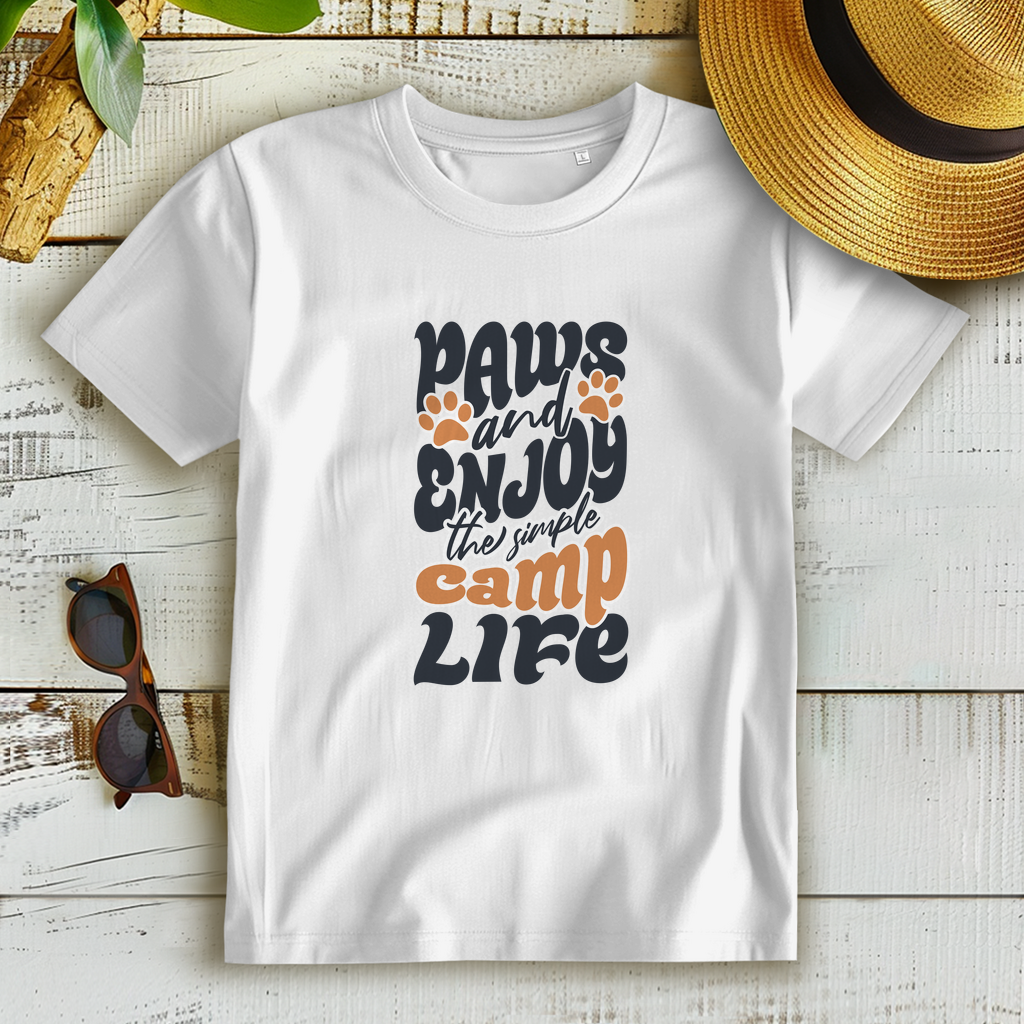Damen Premium Bio T-Shirt „Paws and enjoy the simple Camp Life“ für Camping, Outdoor