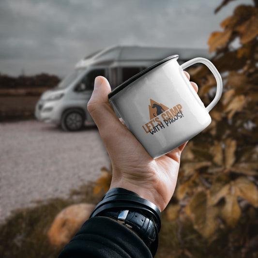 Emaille Camping-Tasse – Let’s Camp with Paws | für Outdoor, Hundefreunde