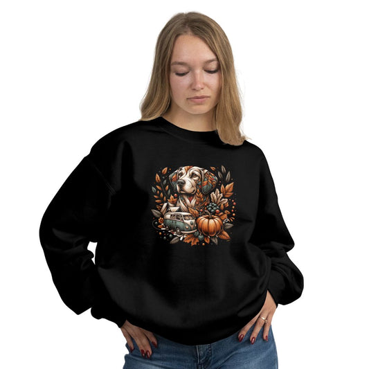 Herren & Damen Unisex Sweater „Autumn Camper Vibes“ – Hund, Herbstblätter & Kürbisse