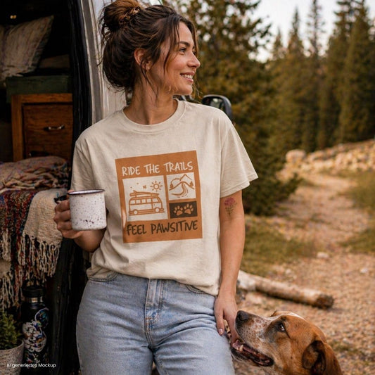 Vanlife mit Hund Frau am Camper trägt beiges Camping T-Shirt Ride the Trails Feel Pawsitive Frontprint Outdoor Abenteuer Szene