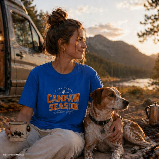 Camping mit Hund am See Frau mit blauem Campaw Season T-Shirt Frontprint Vanlife Outdoor Szene mit Camper und Hund