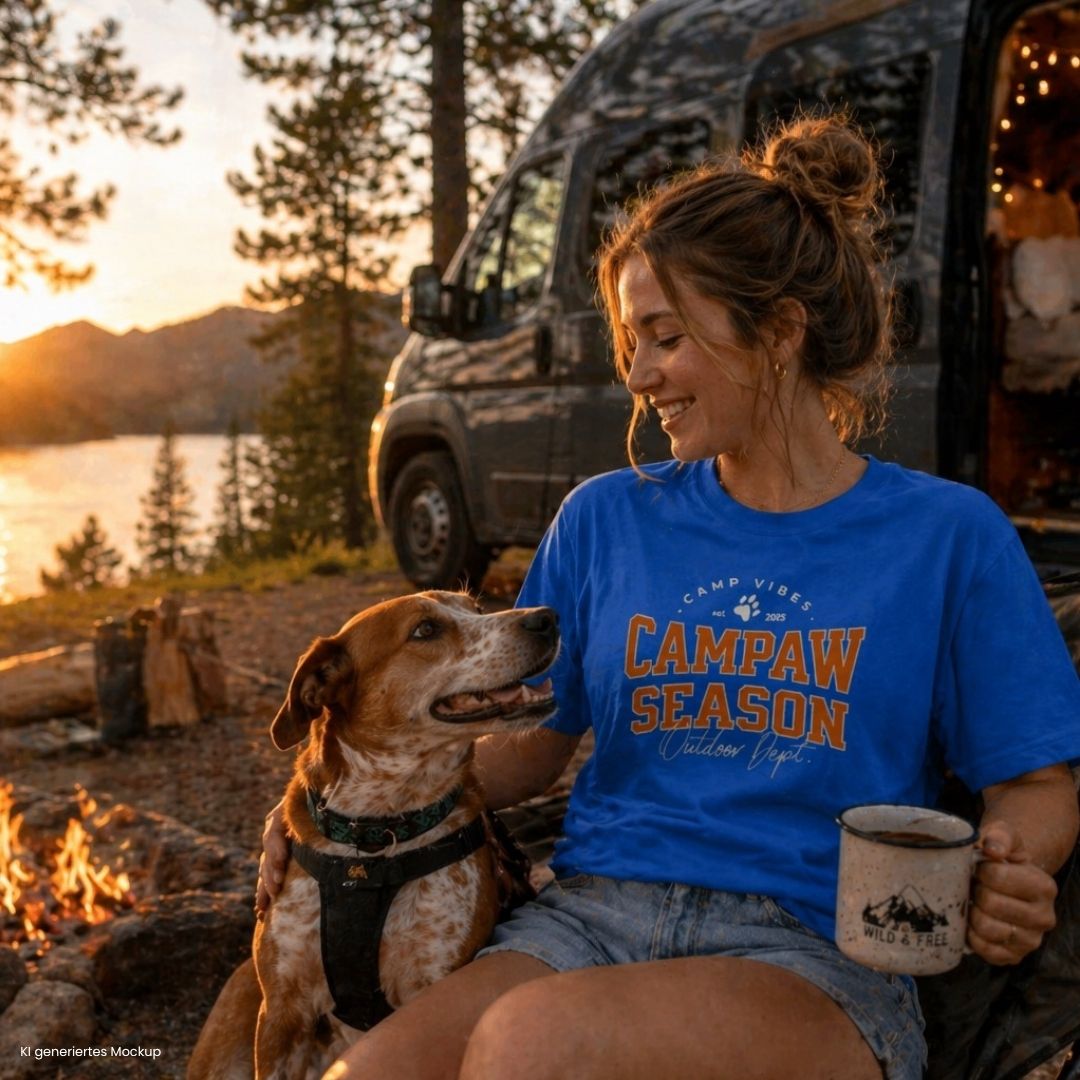 Unisex T-Shirt im College Stil – Outdoor Shirt Camping, Vanlife & Hund