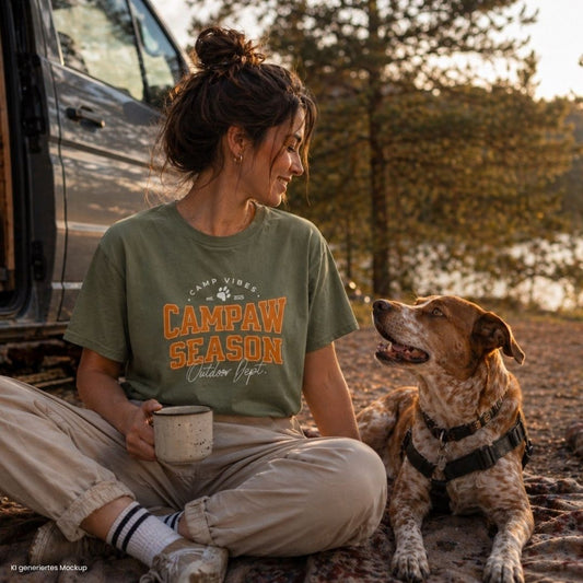 Camping mit Hund am See Frau mit Khaki farbebnem  Campaw Season T-Shirt Frontprint Vanlife Outdoor Szene mit Camper und Hund