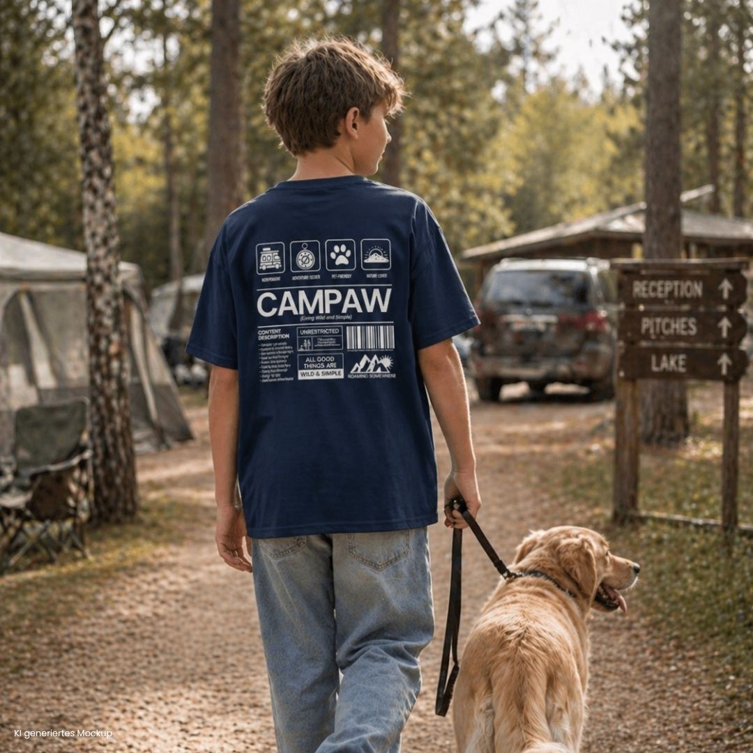 Camping mit Hund Teenager Junge läuft auf Campingplatz trägt blaues Campaw T Shirt Rückenprint Vanlife Outdoor Szene mit Hund