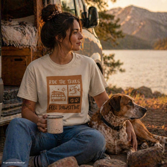 Camping mit Hund am See Frau mit beigem T-Shirt Ride the Trails Feel Pawsitive Frontprint Vanlife Szene mit Camper und Hund