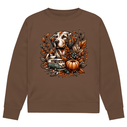 sweater braun herbstlich printmotiv hund camping