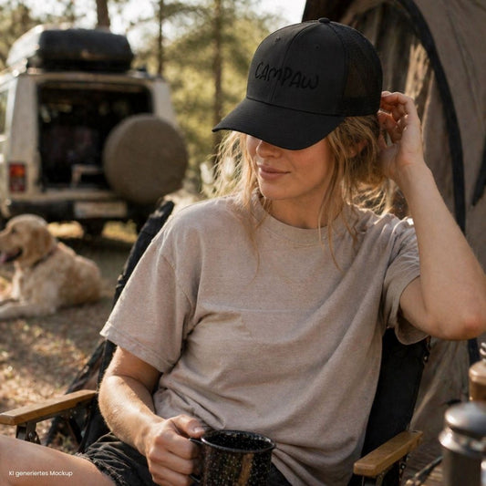 Vanlife Camping Frau mit schwarzer Trucker Cap Campaw gesticktes Logo sitzt am Camper mit Hund Outdoor Szene Camping Zubehör
