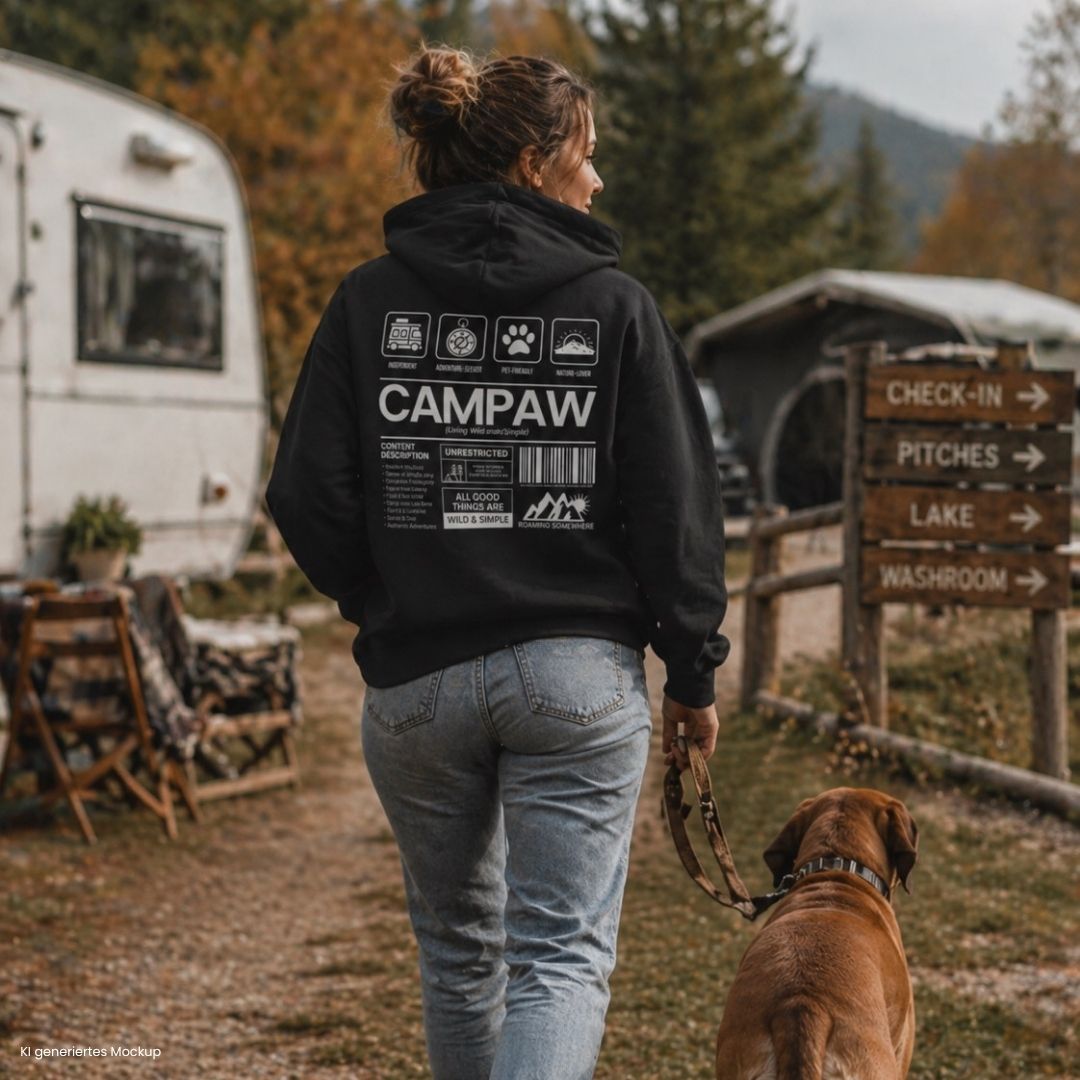 Camping mit Hund Frau läuft auf Campingplatz trägt schwarze Campaw Hoodie Sweatjacke Rückenprint Vanlife Outdoor Camper Szene mit Hund