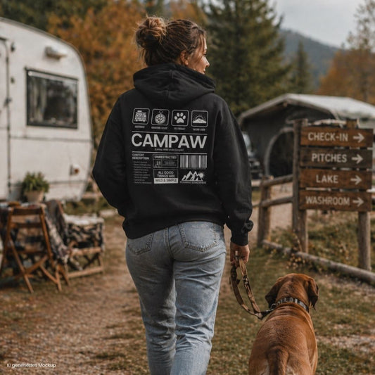 Camping mit Hund Frau läuft auf Campingplatz trägt schwarze Campaw Hoodie Sweatjacke Rückenprint Vanlife Outdoor Camper Szene mit Hund