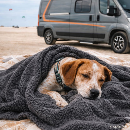 Hund ruht am Strand in Hundedecke beim camping vanlife outdoor