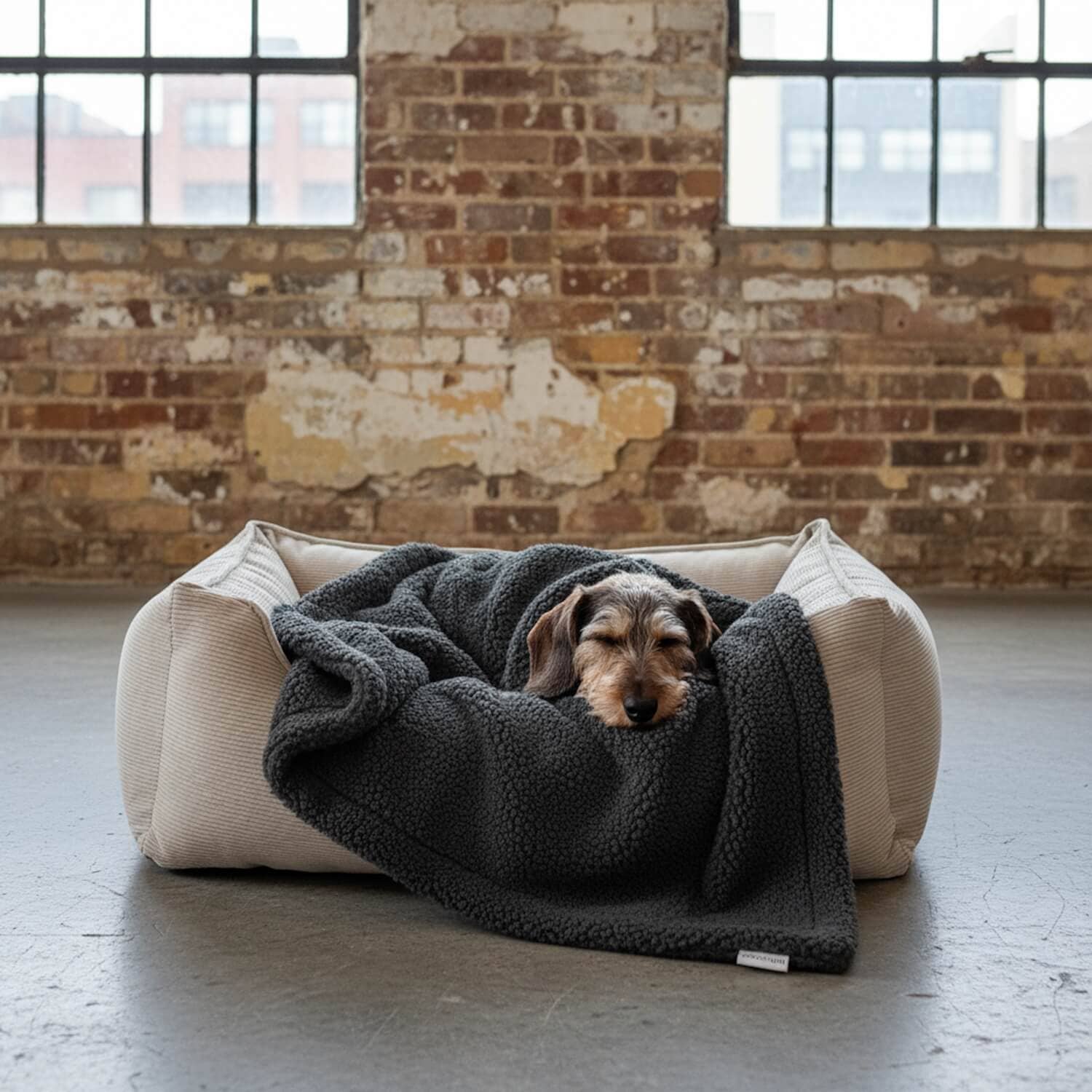 Hund liegt entspannt in weicher Kuscheldecke im Hundebett, ideal für Camping, Vanlife und gemütliche Momente im Wohnmobil