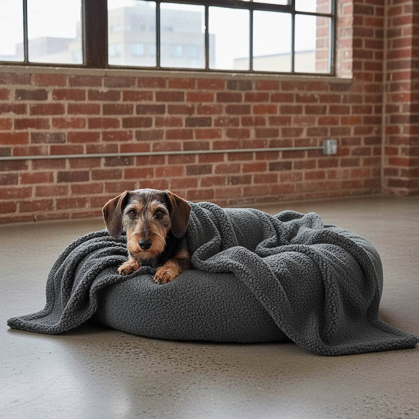 Hund liegt auf Hundebett mit weicher Kuscheldecke, ideal für Camping, Vanlife und gemütliche Momente mit Hund im Wohnmobil