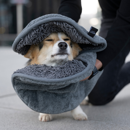 Hund wird nach einem Spaziergang mit dem weichen Mikrofaser Hundehandtuch am Kopf getrocknet