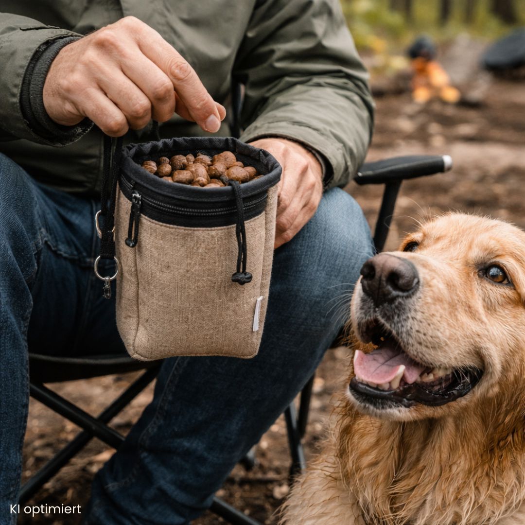 Leckerlibeutel für Hunde aus robustem Stoff mit Zugverschluss und Reißverschlusstasche, ideal für Training, Spaziergang und Camping mit Hund in Benutzung